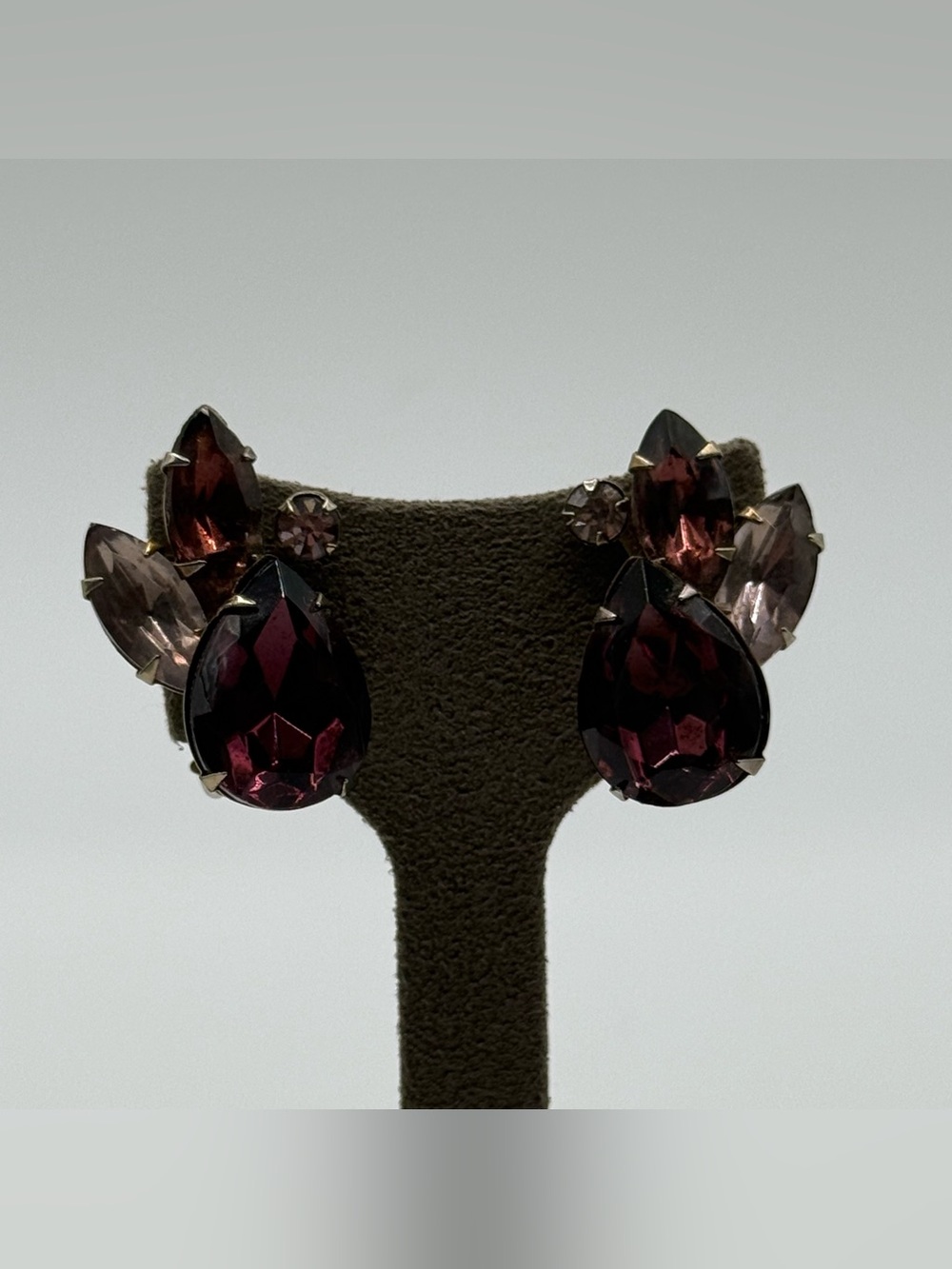 Vintage clip on Elegant plum Purple Teardrop Crystal Earrings